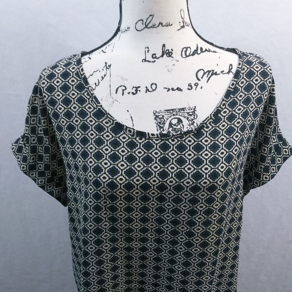 Pleione Black Blue Cuffed Sleeve Aztec Print Blouse Size M - Picture 3 of 7